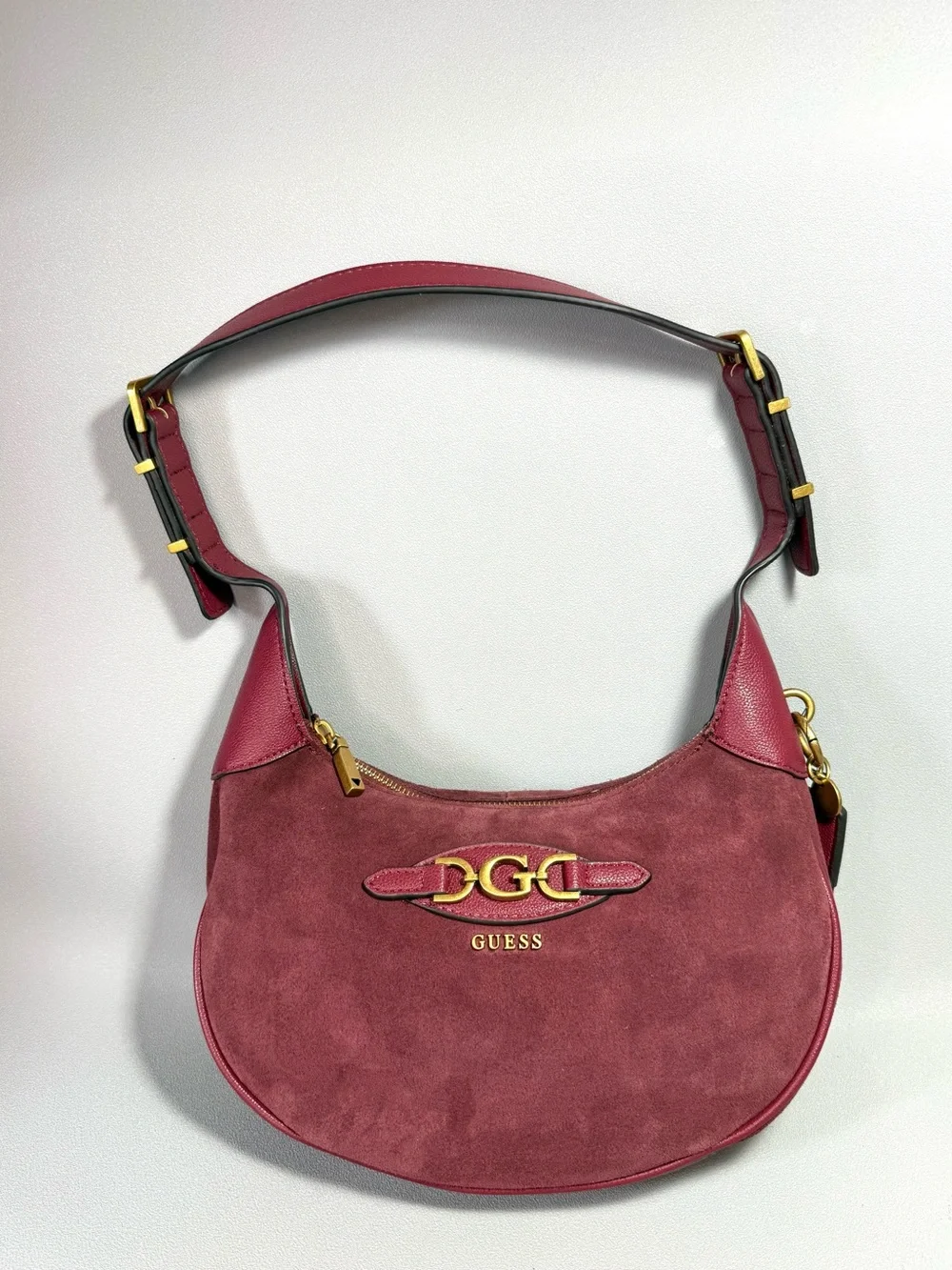 GUESS Malva Wine Suede and Leather Hobo Bag